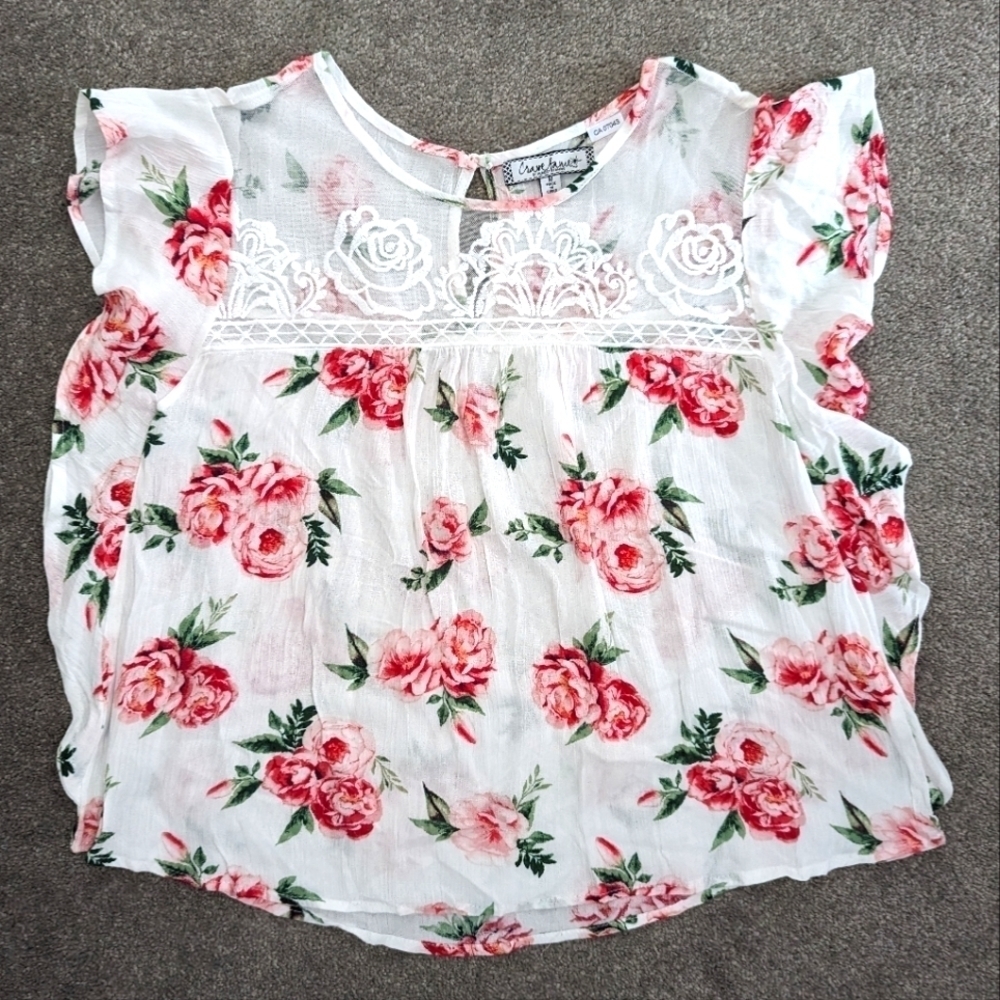 Sheer rose lace floral print blouse size Medium